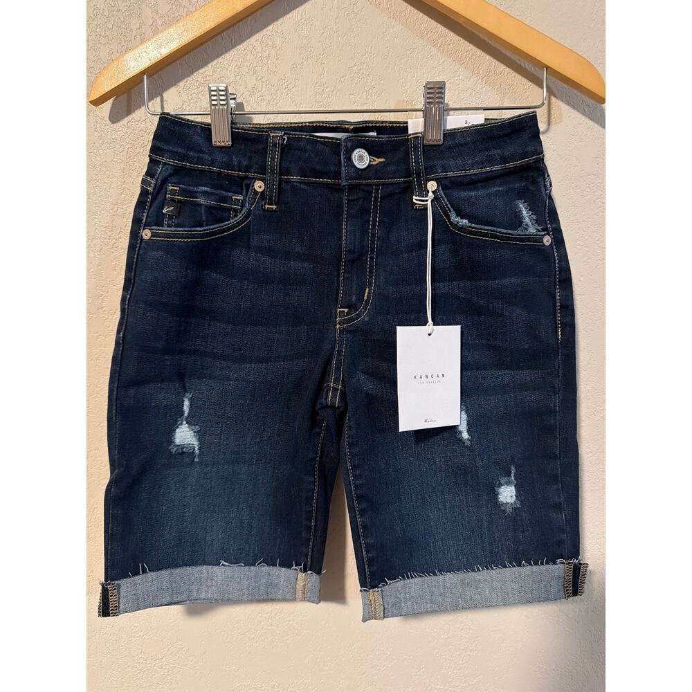 NWT KanCan distressed Bermuda denim shorts SZ 3/25 Dark Wash